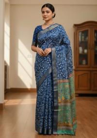 Exclusive Kaftan Silk Saree with Digital Print & Golden Zari Border