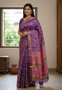 Exclusive Kaftan Silk Saree with Digital Print & Golden Zari Border