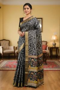 Exclusive Kaftan Silk Saree with Digital Print & Golden Zari Border