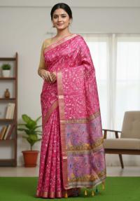 Exclusive Kaftan Silk Saree with Digital Print & Golden Zari Border