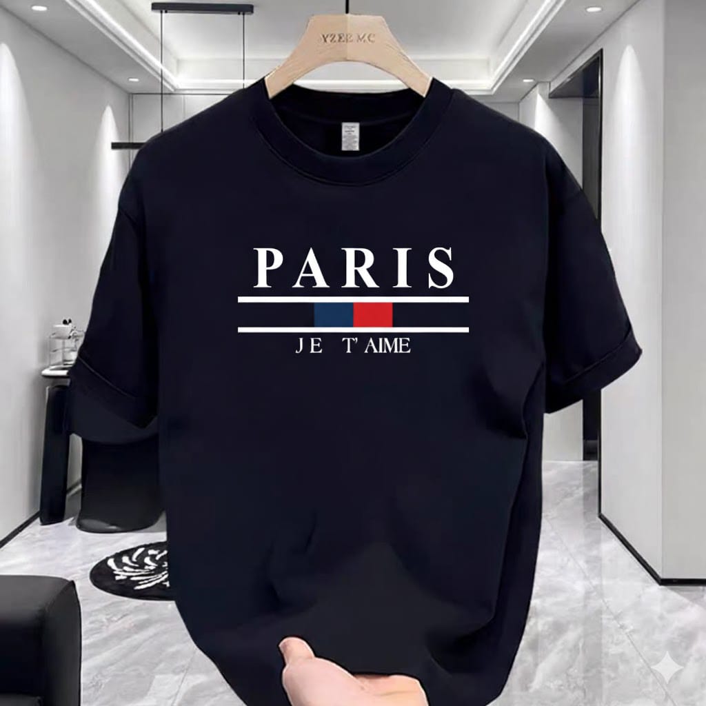Navy Blue PARIS Print Drop Shoulder T-Shirt – 220 GSM Premium Cotton