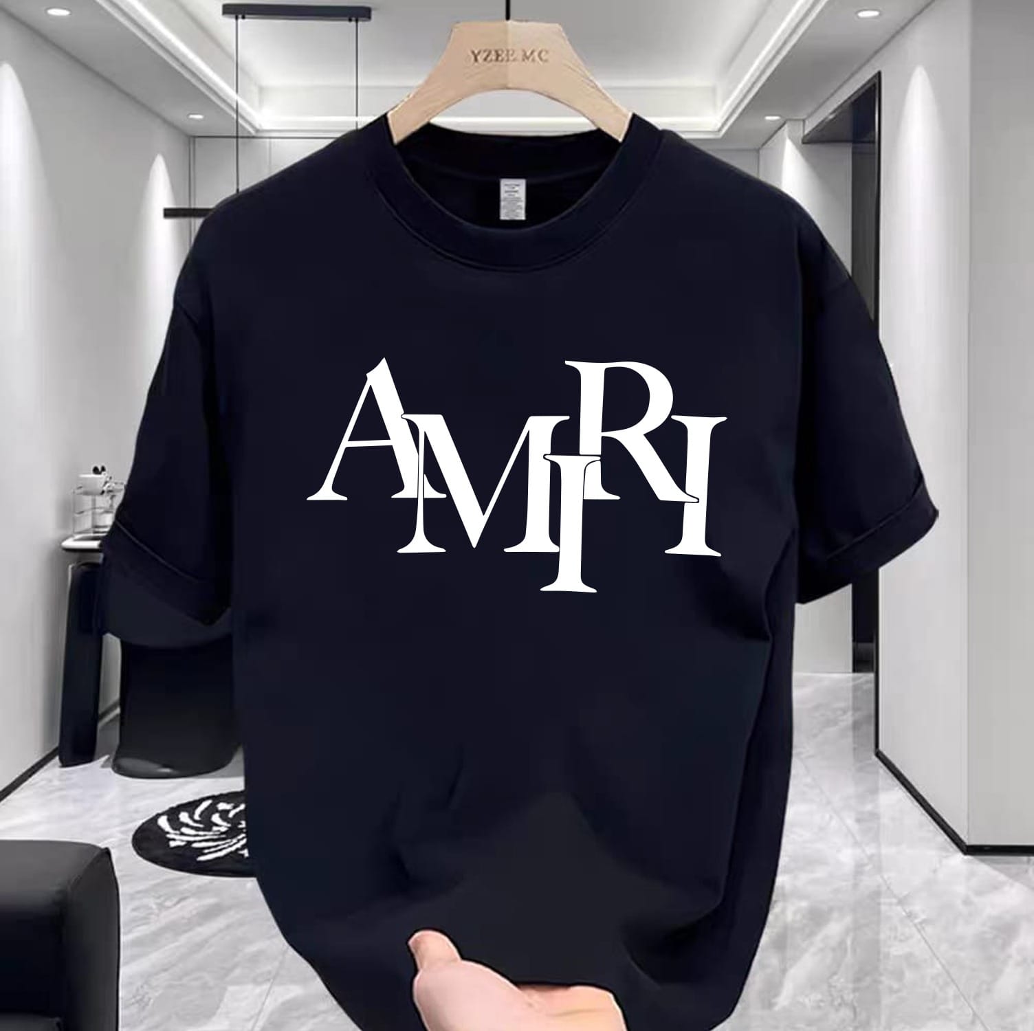 Deep Navy Blue AMR Monogram Print Drop Shoulder T-Shirt – 220 GSM Premium Cotton