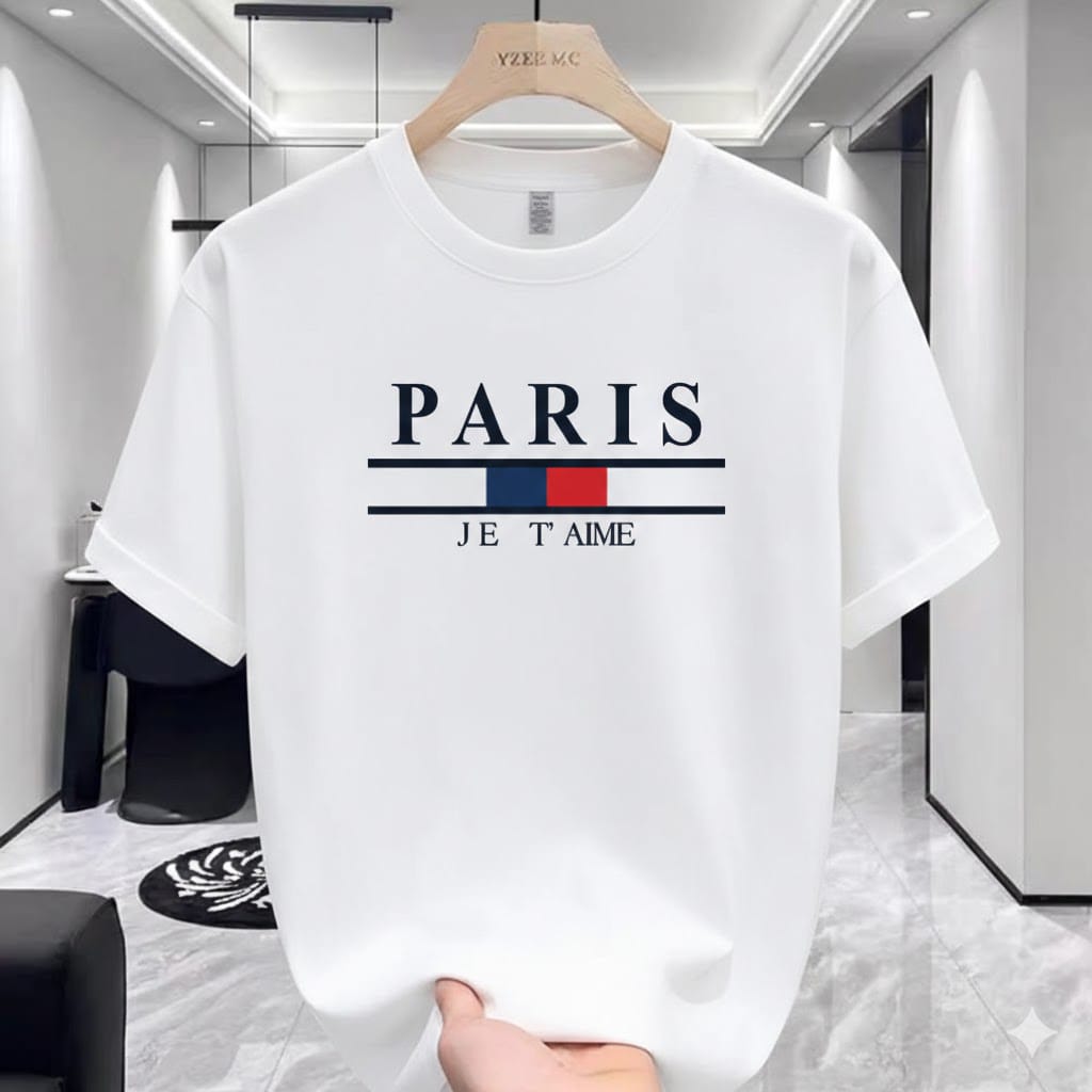 White PARIS Print Drop Shoulder T-Shirt – 220 GSM Premium Cotton