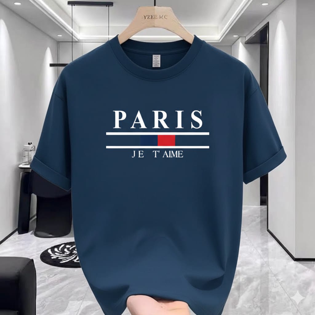 Steel Blue PARIS Print Drop Shoulder T-Shirt – 220 GSM Premium Cotton