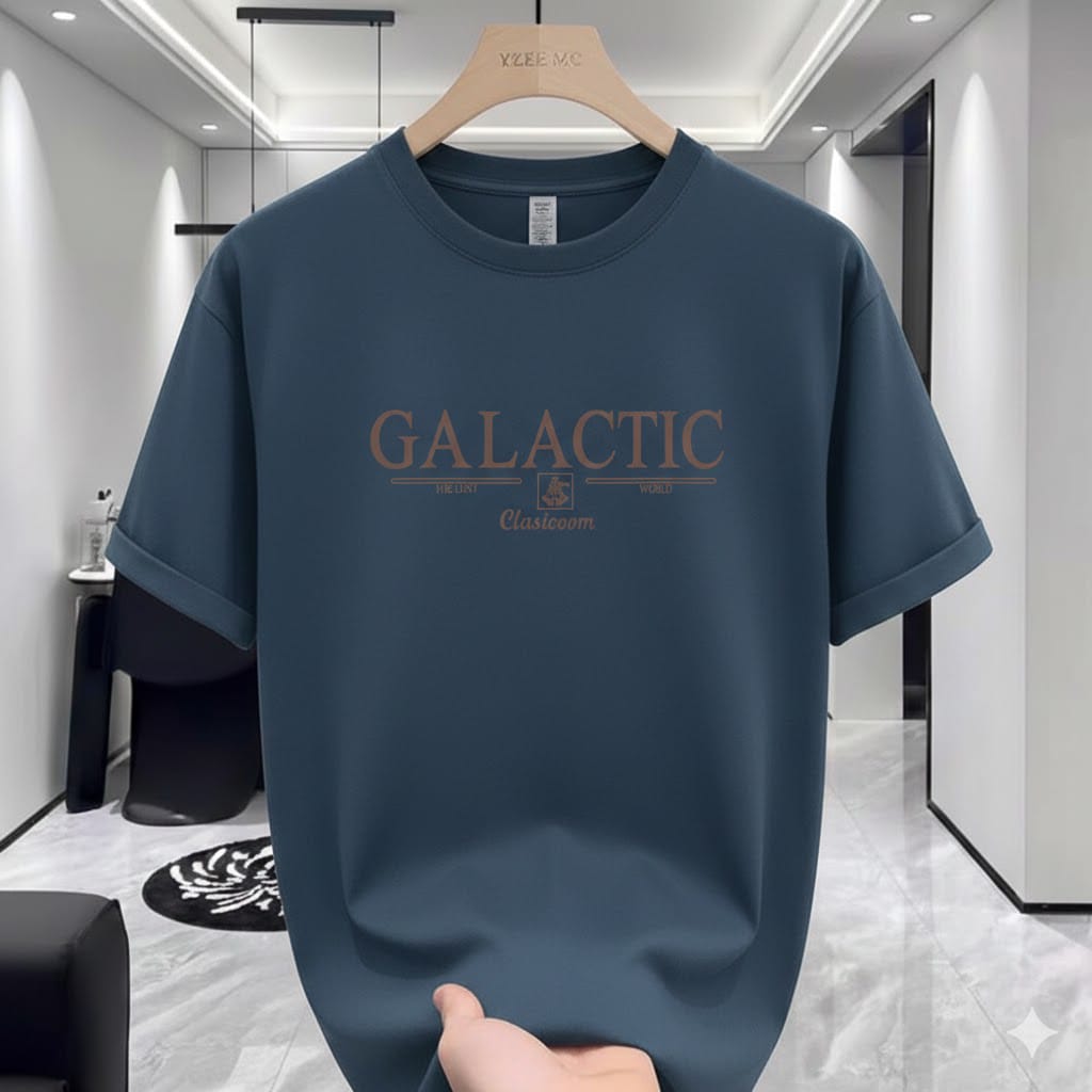 Steel Blue GALACTIC Print Drop Shoulder T-Shirt – 220 GSM Premium Cotton