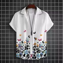 White Multi-Color Floral & Butterfly Print Half Sleeve Shirt