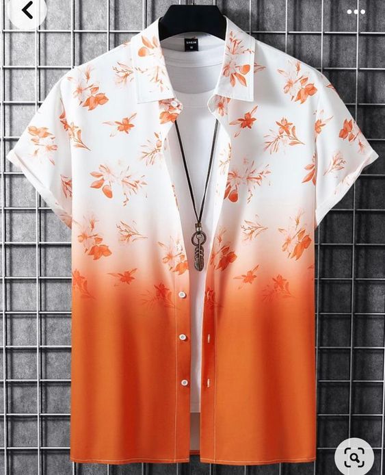 White to Orange Ombre Floral Half Sleeve Shirt for Men