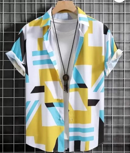 Yellow & Teal Geometric Print Half Sleeve Shirt for Men