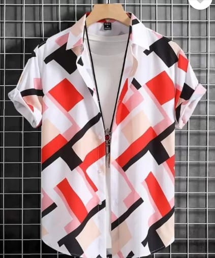 Red & Black Geometric Print Half Sleeve Shirt for Men