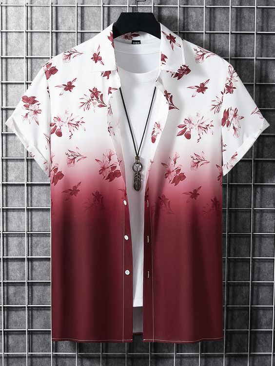 White to Maroon Ombre Floral Half Sleeve Shirt for Men