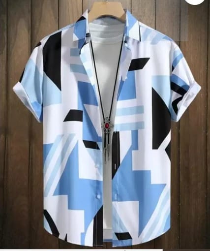 Sky Blue & White Geometric Print Half Sleeve Shirt for Men