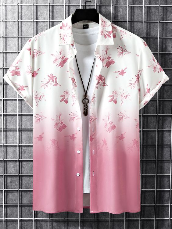 White to Pink Ombre Floral Half Sleeve Shirt for Men