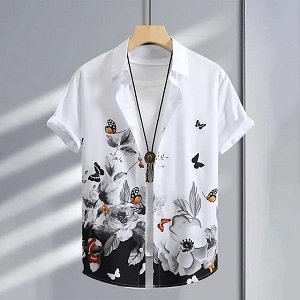 White & Black Floral Print Half Sleeve Shirt for Men