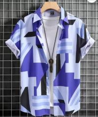Blue & White Geometric Print Half Sleeve Shirt for Men