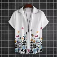White Multi-Color Floral & Butterfly Print Half Sleeve Shirt