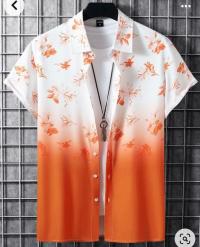 White to Orange Ombre Floral Half Sleeve Shirt for Men