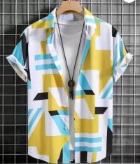 Yellow & Teal Geometric Print Half Sleeve Shirt for Men