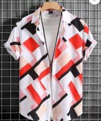 Red & Black Geometric Print Half Sleeve Shirt for Men