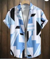 Sky Blue & White Geometric Print Half Sleeve Shirt for Men