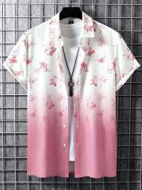 White to Pink Ombre Floral Half Sleeve Shirt for Men