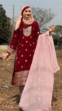 Premium Soft Jorjet Three-Piece Set with Sequence Embroidery & Attached Inner