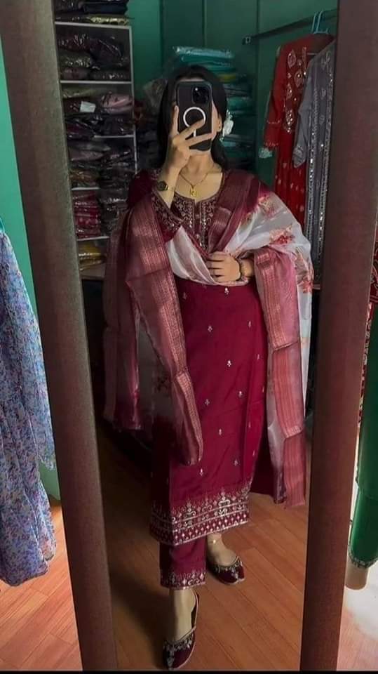 New Indian Design Readymade Rayon Cotton Three-Piece Set with Embroidery