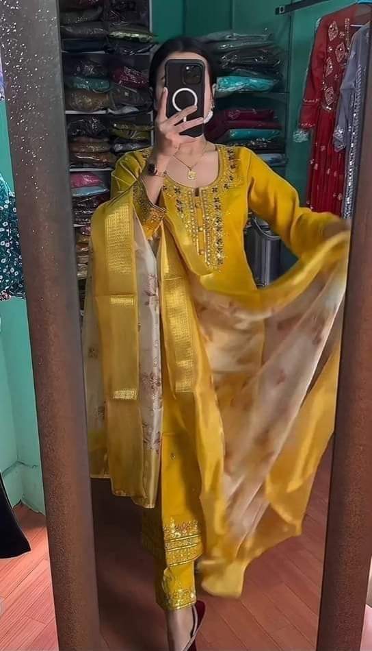 New Indian Design Readymade Rayon Cotton Three-Piece Set with Embroidery