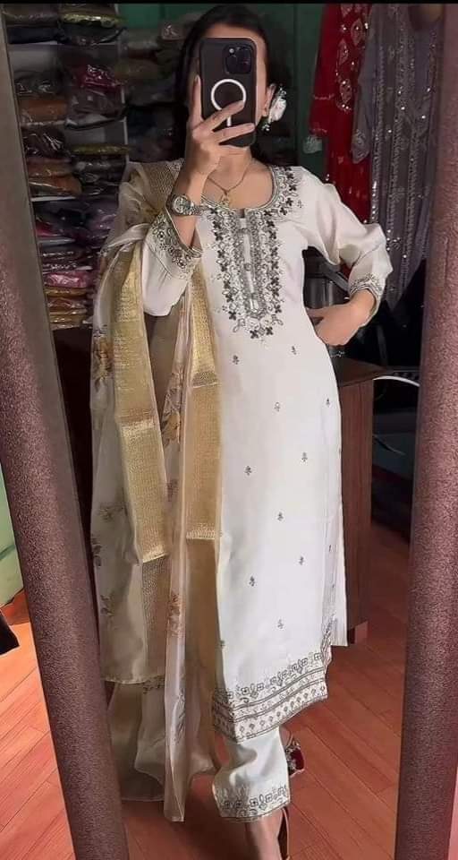 New Indian Design Readymade Rayon Cotton Three-Piece Set with Embroidery