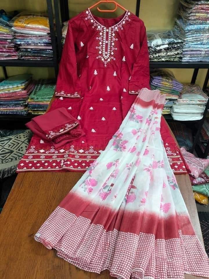 New Indian Design Readymade Rayon Cotton Three-Piece Set with Embroidery