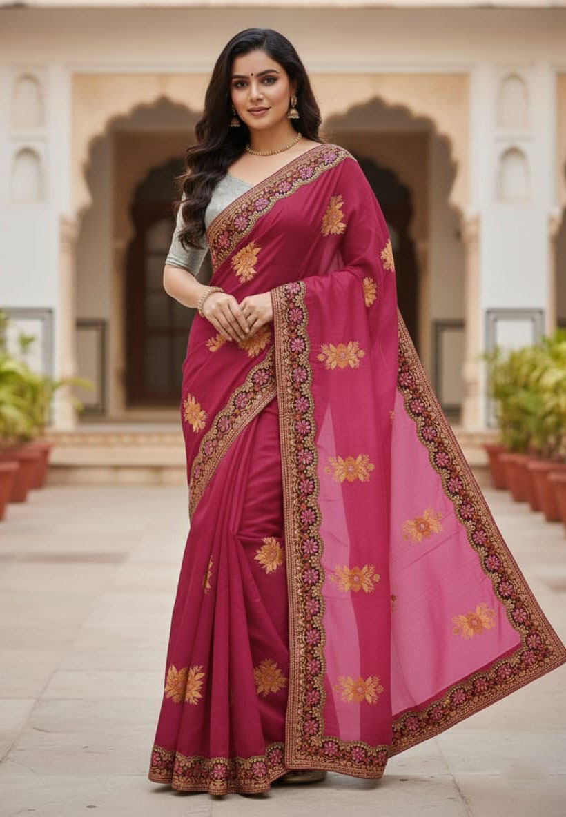 Premium Embroidery Semi Moslin Sharee with Sequence Work