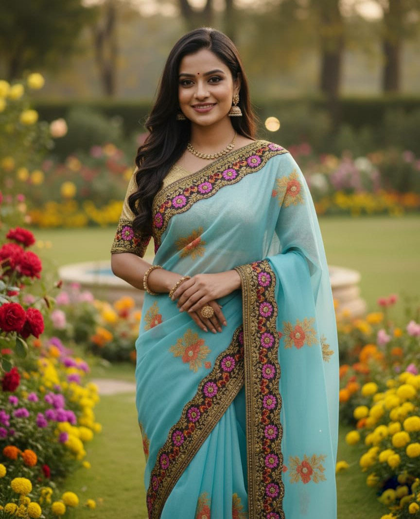 Premium Embroidery Semi Moslin Sharee ⭐⭐⭐⭐