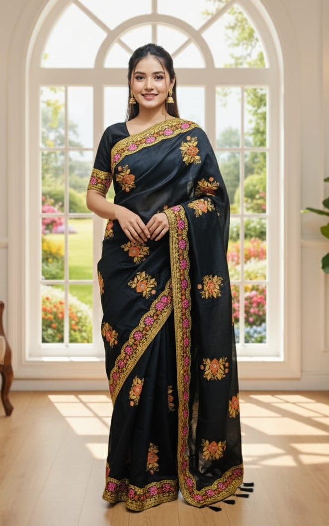 Premium Embroidery Semi Moslin Sharee with Sequence Work