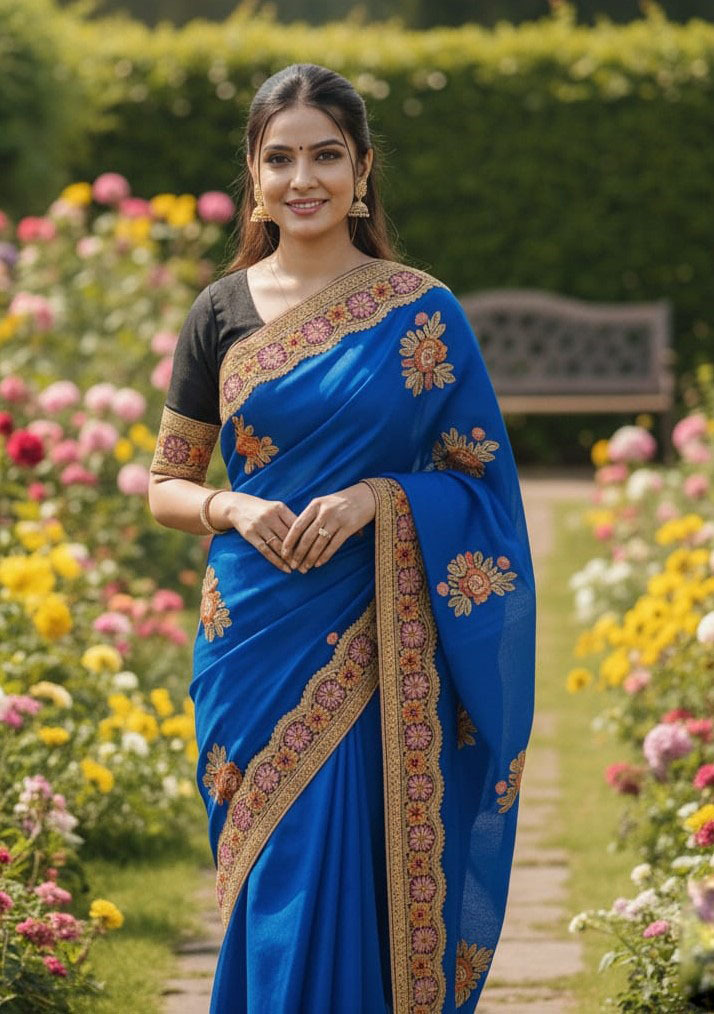 Premium Embroidery Semi Moslin Sharee with Sequence Work