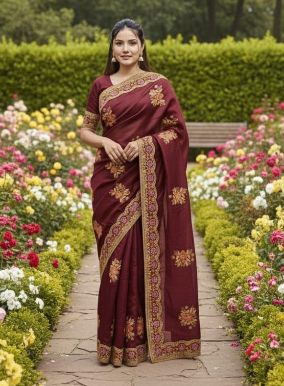 Premium Embroidery Semi Moslin Sharee with Sequence Work