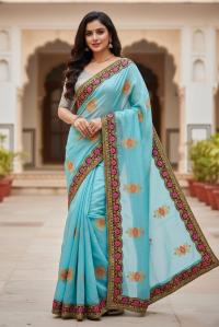 Premium Embroidery Semi Moslin Sharee with Sequence Work