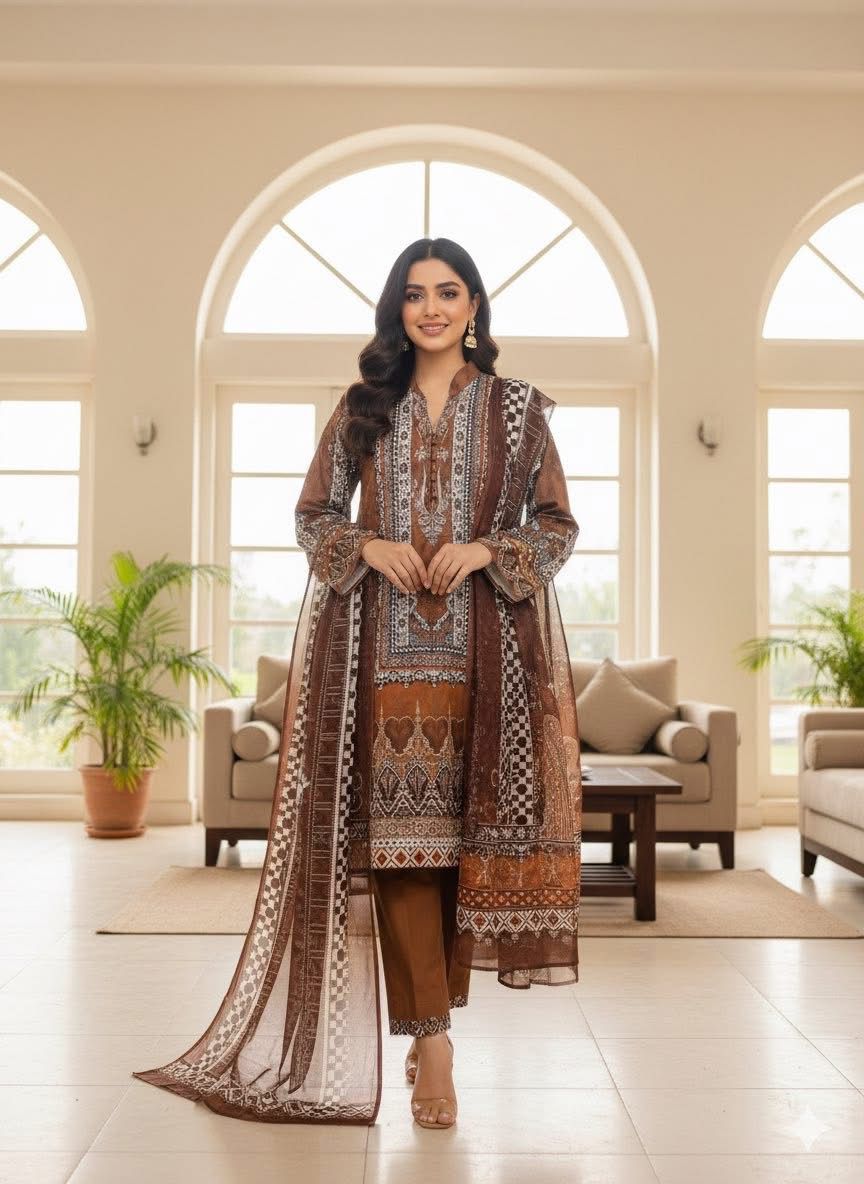 Premium Digital Printed Readymade Three Piece with Lace Work Detail