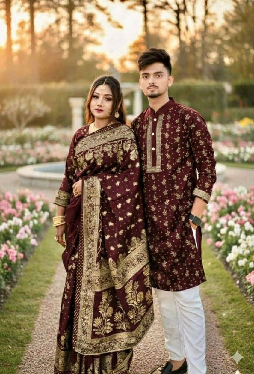 Premium Japani Silk Saree & Dhupian Silk Panjabi Couple Set