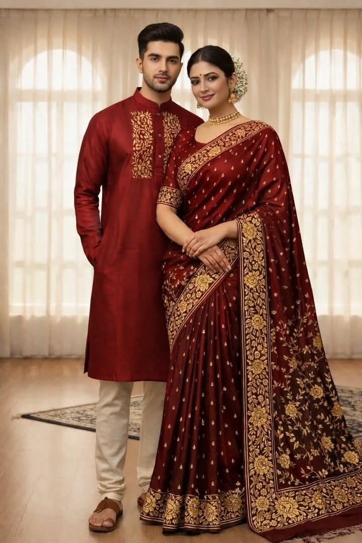 Premium Japani Silk Saree & Dhupian Silk Panjabi Couple Set