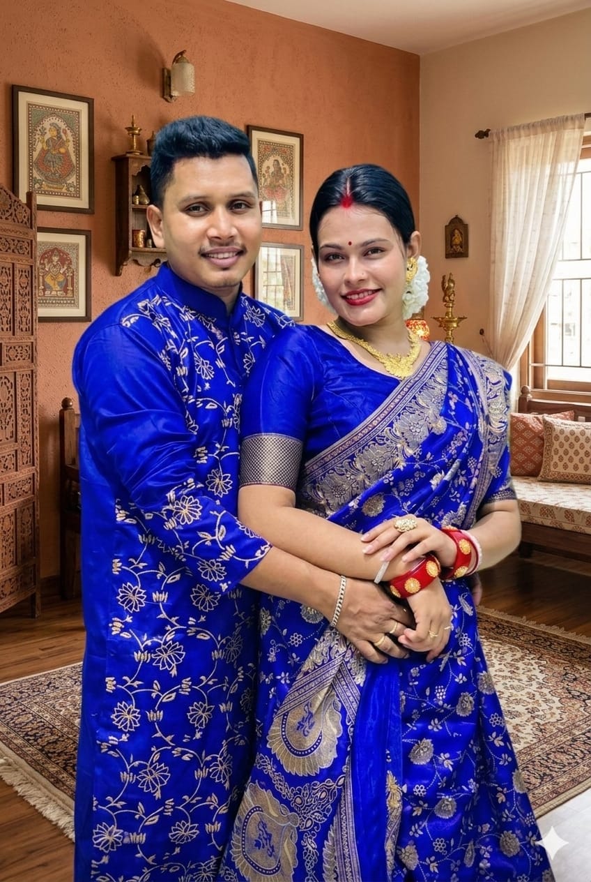 Premium Japani Silk Saree & Dhupian Silk Panjabi Couple Set