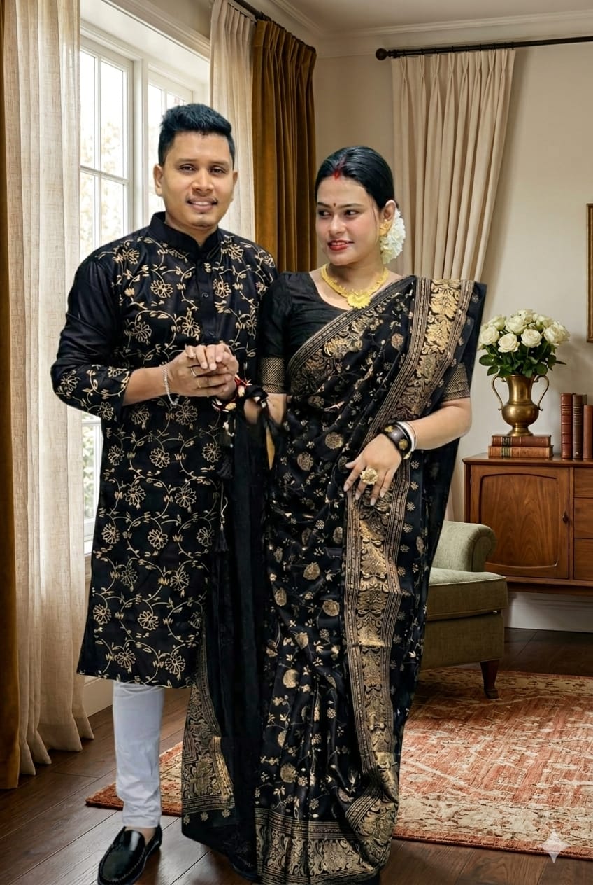 Premium Japani Silk Saree & Dhupian Silk Panjabi Couple Set