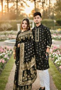 Premium Japani Silk Saree & Dhupian Silk Panjabi Couple Set