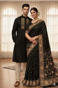Premium Japani Silk Saree & Dhupian Silk Panjabi Couple Set