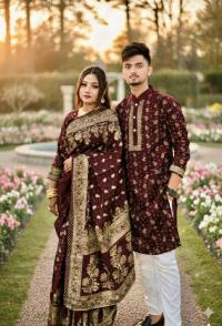 Premium Japani Silk Saree & Dhupian Silk Panjabi Couple Set