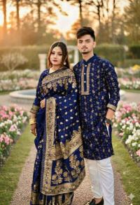 Premium Japani Silk Saree & Dhupian Silk Panjabi Couple Set