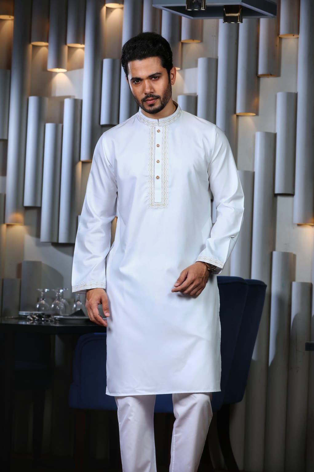 Original La-Italian Luxury Cotton Panjabi with Complex Embroidery & Box