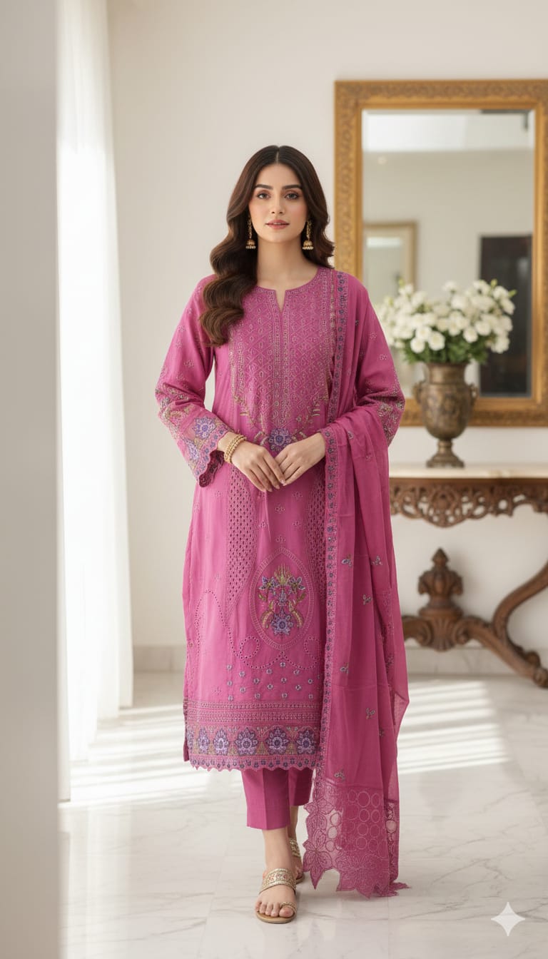 Pakistani Aga Noor Inspired Laser Cut Cotton Unstitched Three Piece