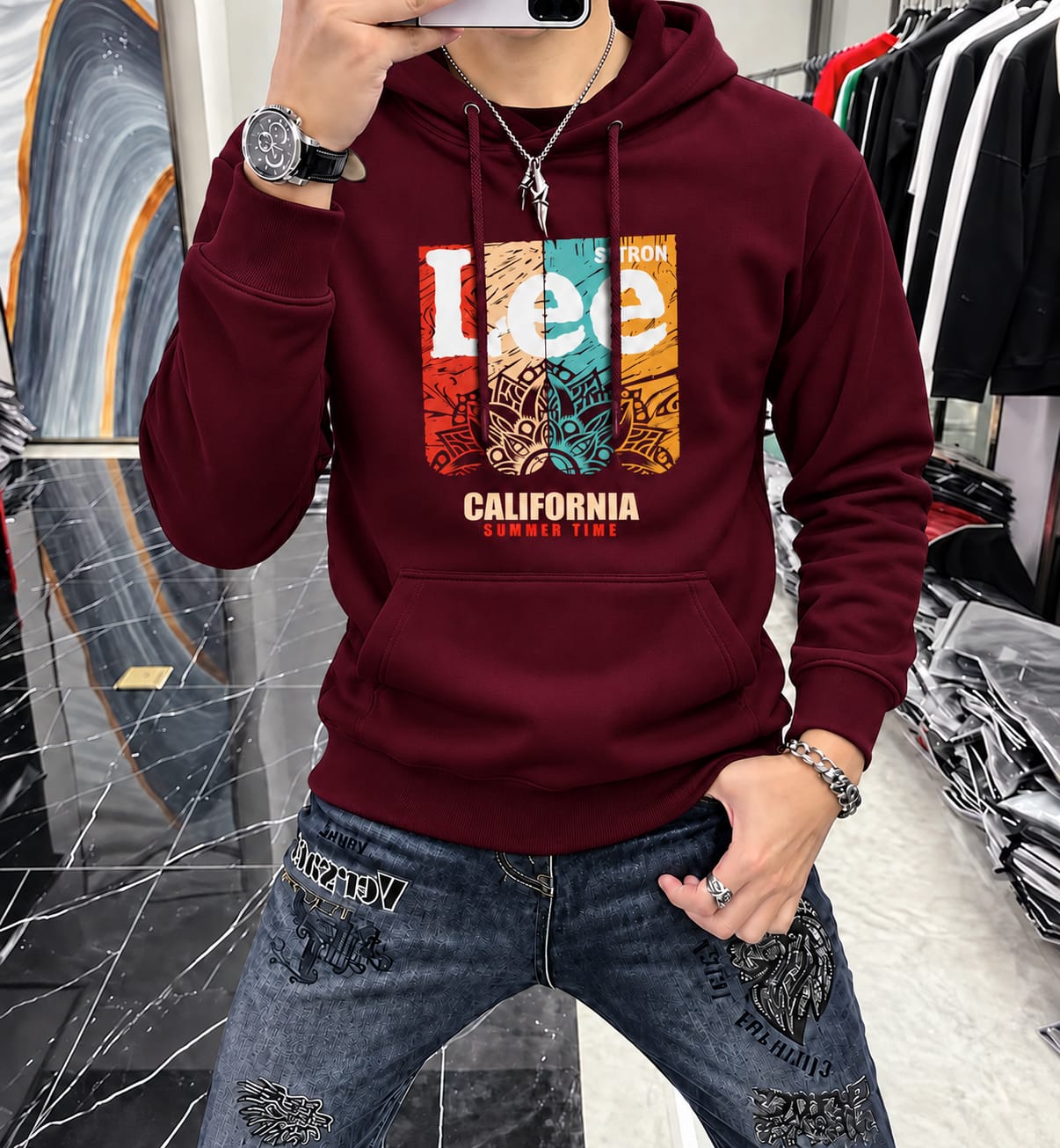 Stylish Solid Printed Cotton Hoodie