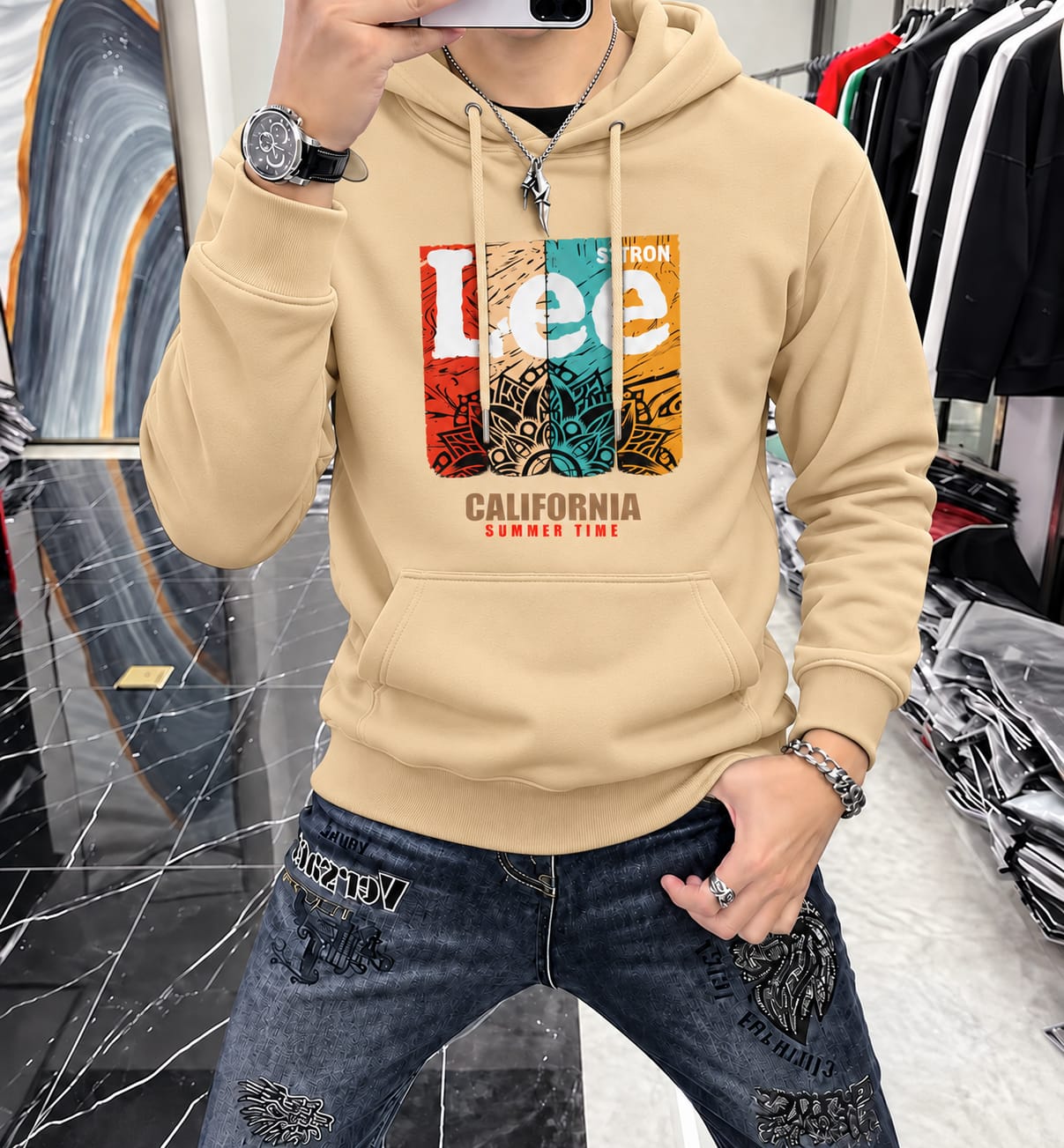 Stylish Solid Printed Cotton Hoodie