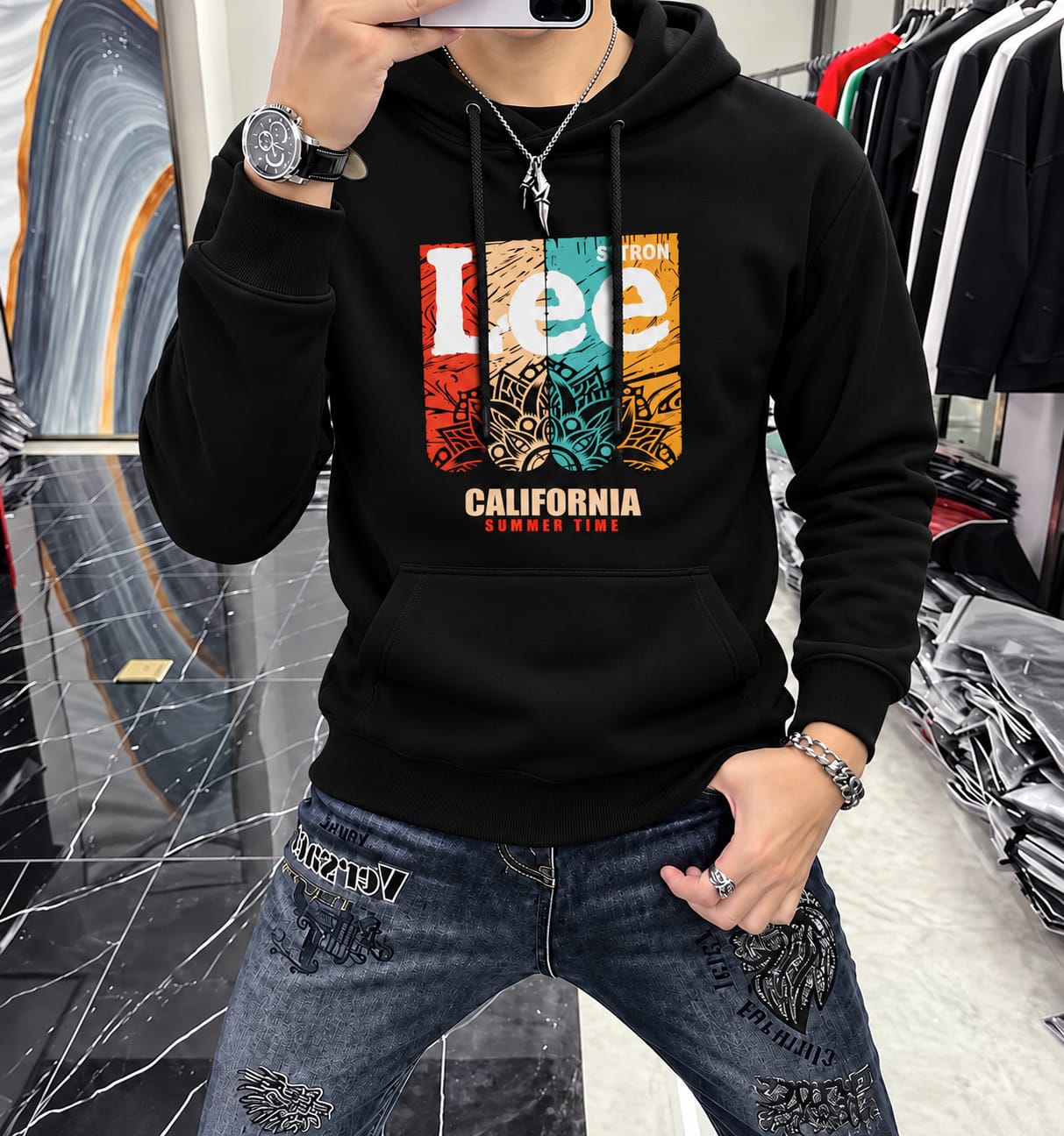 Stylish Solid Printed Cotton Hoodie