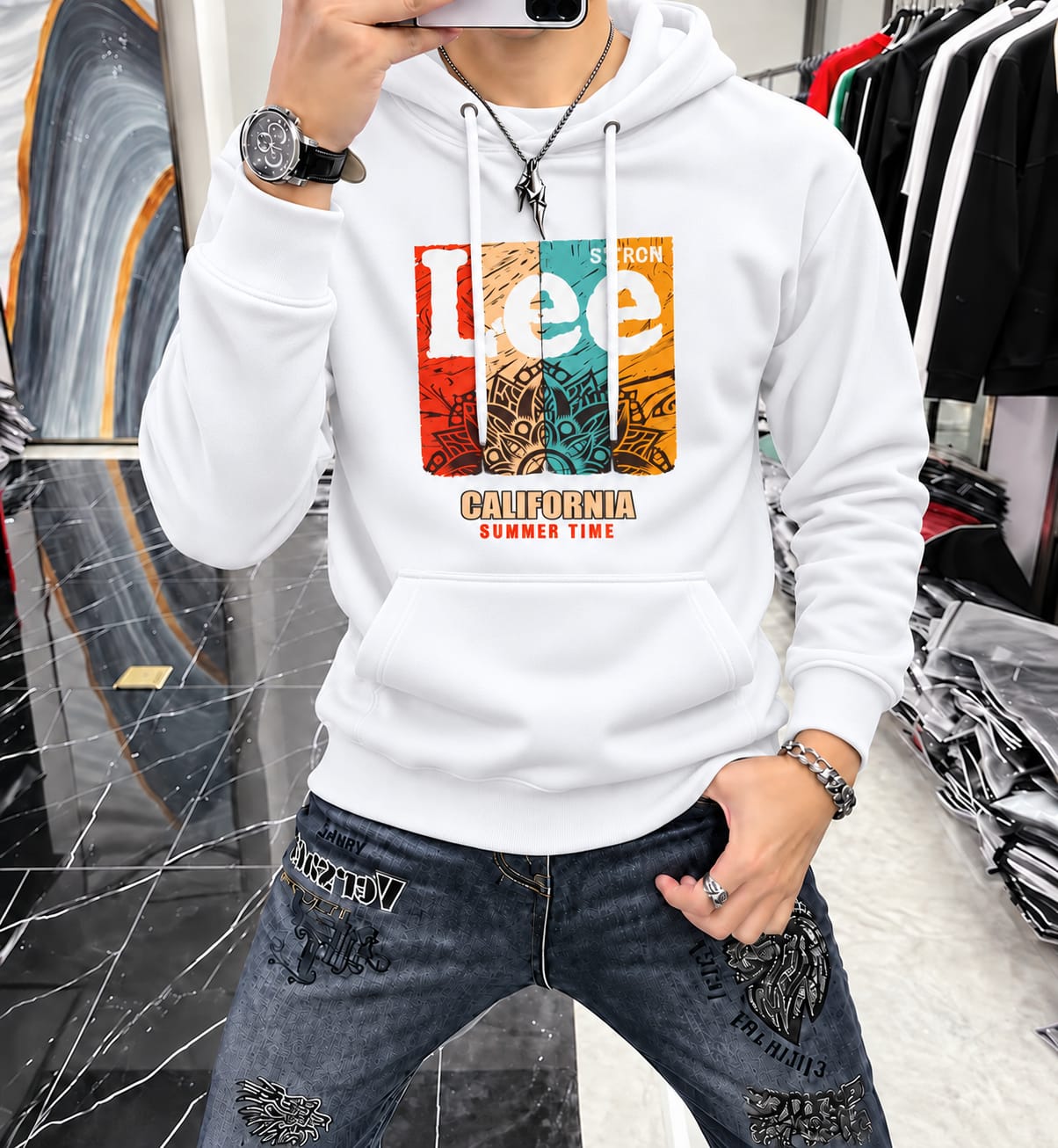 Stylish Solid Printed Cotton Hoodie